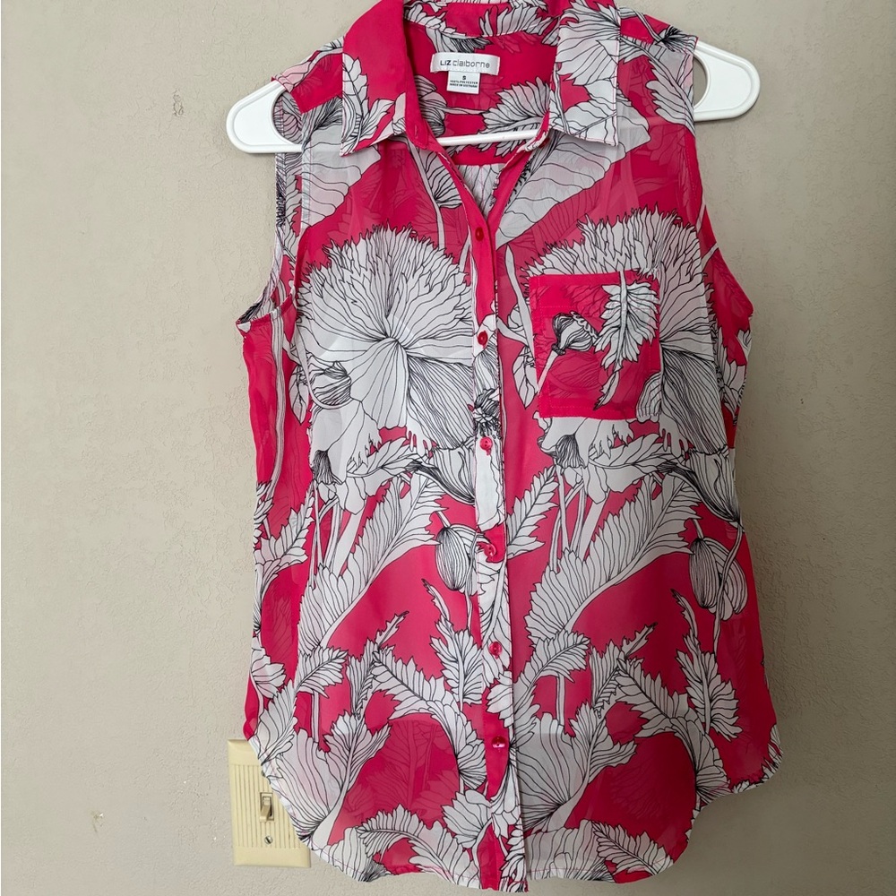 Liz Claiborne Hot Pink and White Floral Sleeveless Button-Down Top